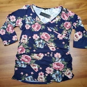Maternity NWT and Nursing blouse 3/4 sleeves navy blue pink + baby blue FLORAL